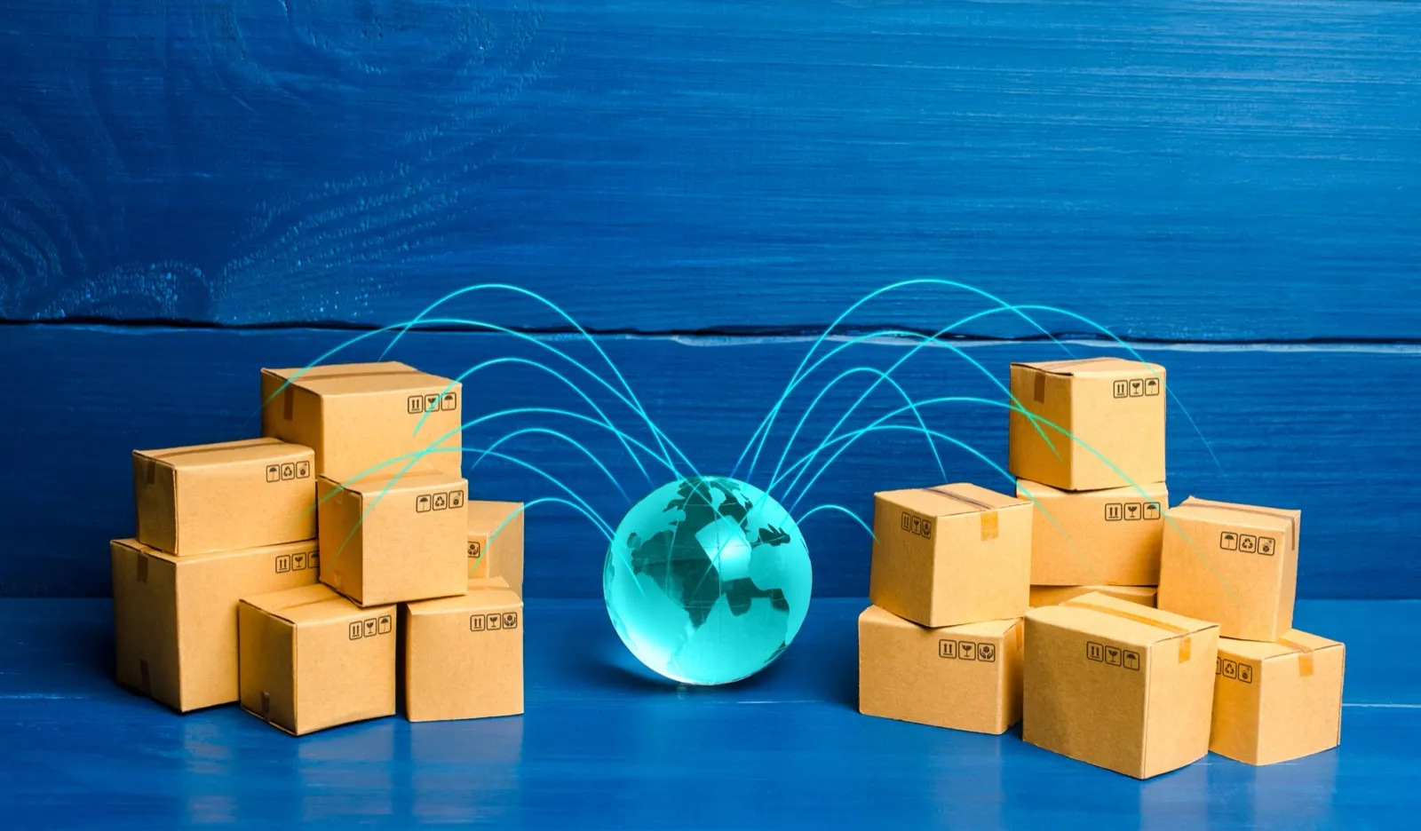 Global distribution network concept with packages moving between destinations