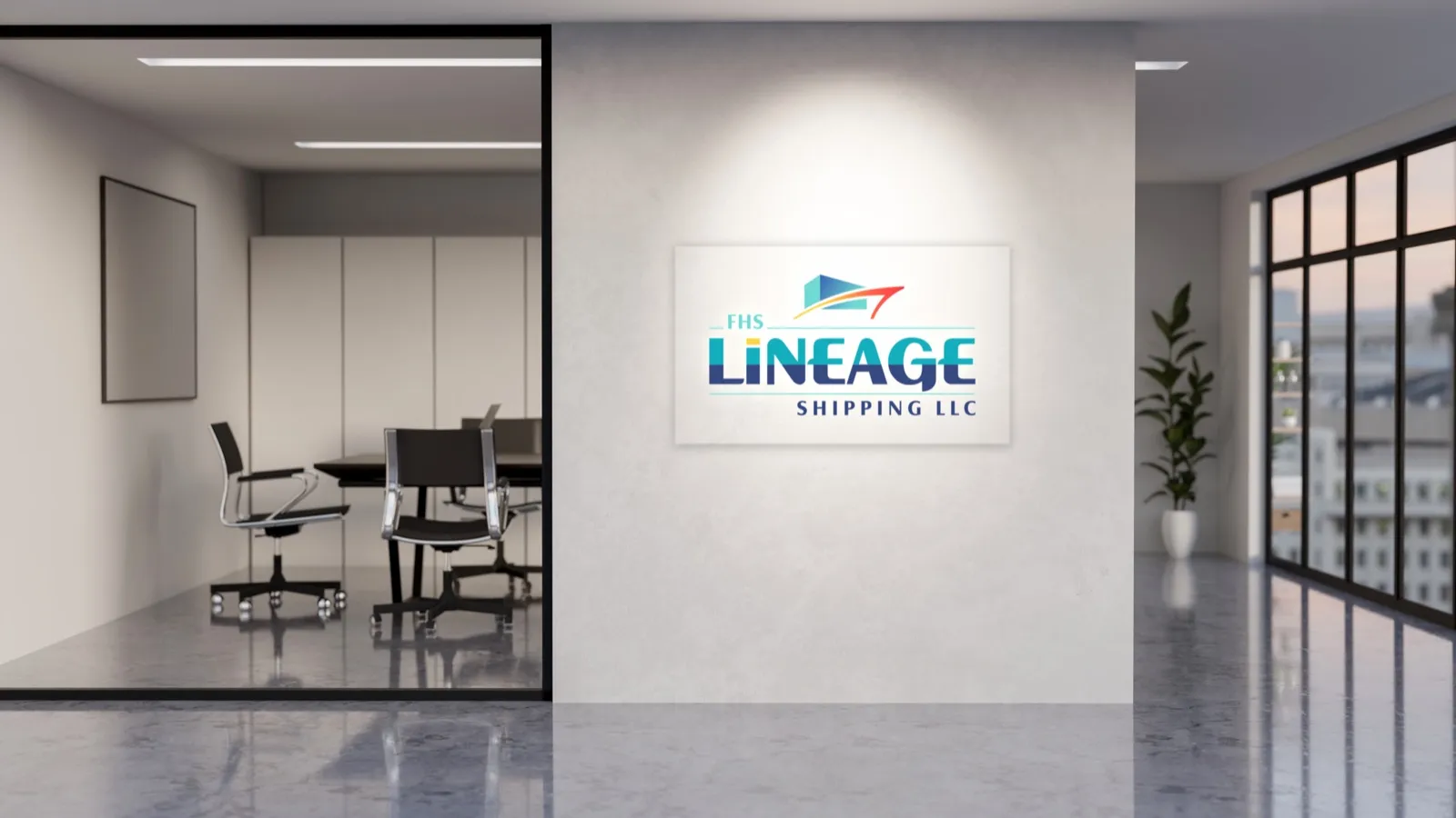 FHS Lineage Shipping office interior with the company logo on the wall