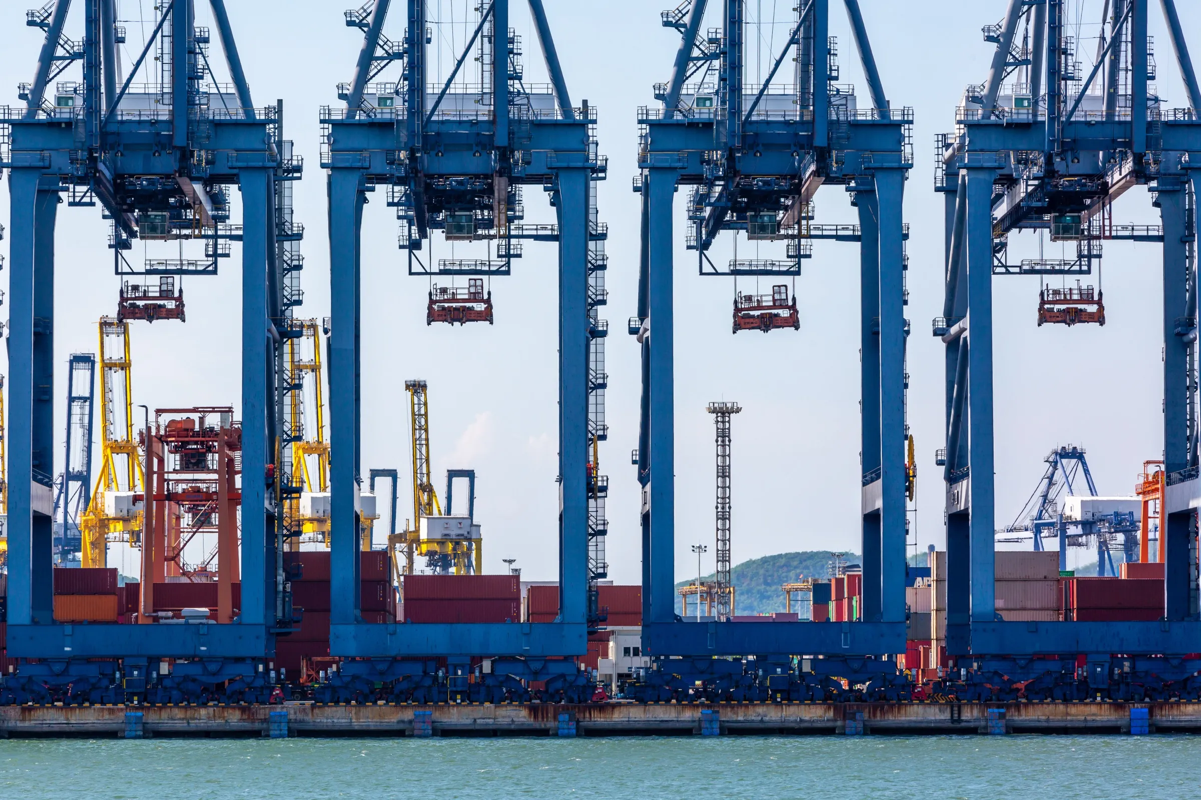 Aerial view of a container terminal with gantry cranes